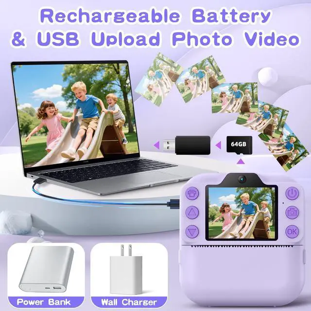 Alt view image 6 of 7 - Kids Camera Instant Print, Toddler Toys Christmas Birthday Gifts for Girls Boys, Portable Digital Camera 64GB SD Card, Kid Toy for Ages 3-12 Girl Xmas Gift for 3 4 5 6 7 8 9 10 Year Old (Purple)