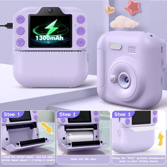 Alt view image 7 of 7 - Kids Camera Instant Print, Toddler Toys Christmas Birthday Gifts for Girls Boys, Portable Digital Camera 64GB SD Card, Kid Toy for Ages 3-12 Girl Xmas Gift for 3 4 5 6 7 8 9 10 Year Old (Purple)