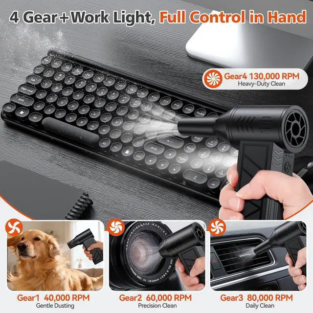 Alt view image 4 of 7 - Compressed Air Duster, 130000 RPM High-Speed Electric Air Duster with Brushless Motor, 3 Magnetic Nozzles, 4 Speeds, LED Light & 5000mAh Rechargeable Battery for PC Keyboard Car Cleaning