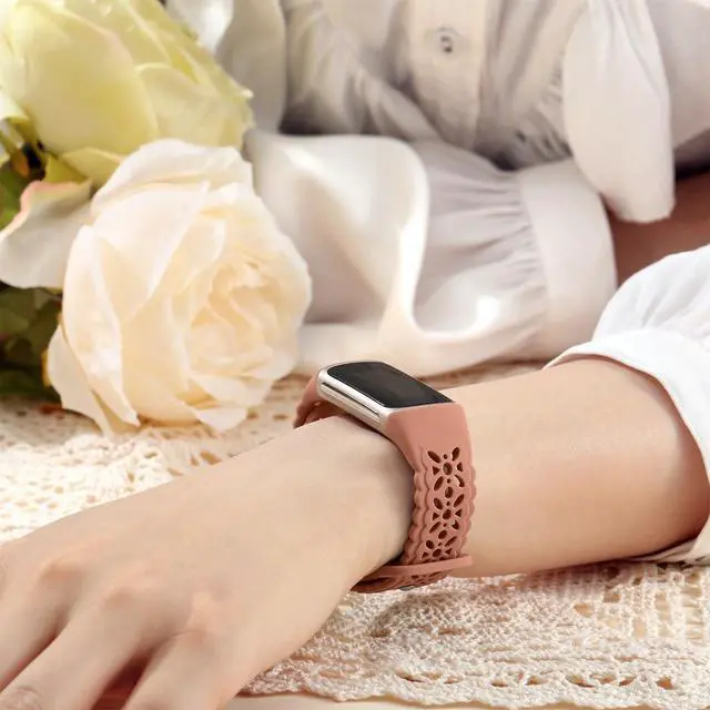 Alt view image 6 of 7 - Floral Engraved Bands Compatible with Fitbit Charge 6 Band/Fitbit Charge 5 Band for Women, Charm Lace Silicone Soft Sport Watch Bands Bracelet Straps for Fitbit Charge 6/ Charge 5 Accessories