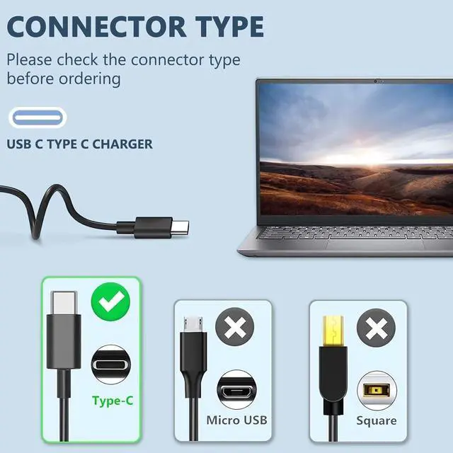 Alt view image 3 of 7 - 65W USB C Laptop Charger Compatible with ThinkPad T14 T15 T480 T490 X390, X1 Carbon, Yoga C930, Chromebook C330 Type C Power Supply