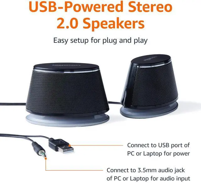 Alt view image 2 of 7 - Stereo 2.0 Speakers for PC or Laptop with Volume Control, 3.5mm Aux Input, USB-Powered, 1 Pair, Black