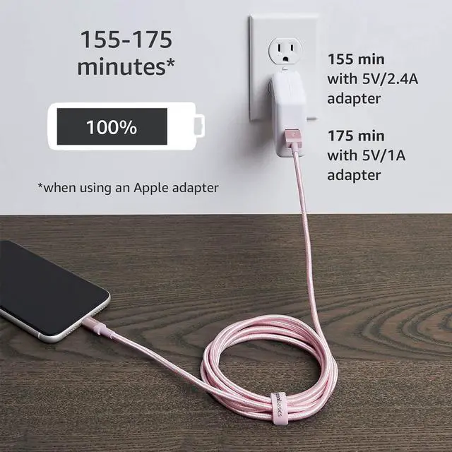 Alt view image 6 of 7 - USB-A to Lightning Cable, Apple MFi Certified, Nylon Braided Cord for iPhone 14 13 12 11 X Xs Pro, Pro Max, Plus, iPad, High Speed Transfer, 6 Foot, Rose Gold