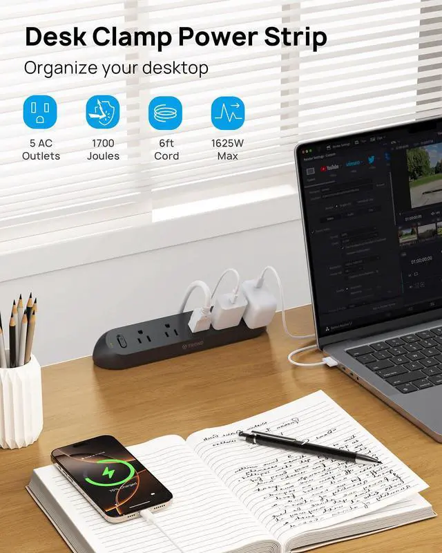 Alt view image 2 of 7 - Desk Clamp Power Strip - Surge Protector Power Strip with 5 AC Outlets, Flat Plug 6ft Extension Cord, 1700J, ETL Listed, Fits 1.97 inch Tabletop Edge, for Home Office Desk Accessories, Black