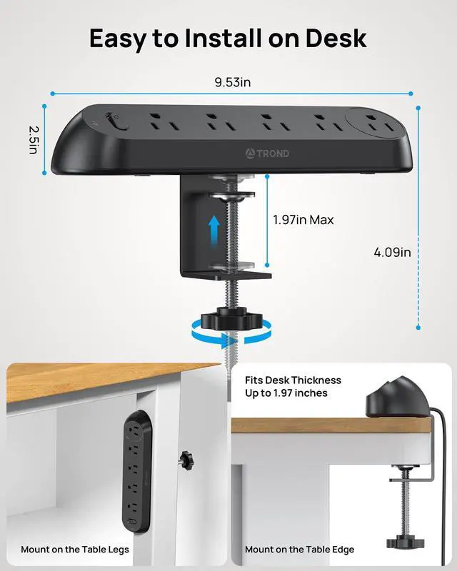 Alt view image 5 of 7 - Desk Clamp Power Strip - Surge Protector Power Strip with 5 AC Outlets, Flat Plug 6ft Extension Cord, 1700J, ETL Listed, Fits 1.97 inch Tabletop Edge, for Home Office Desk Accessories, Black