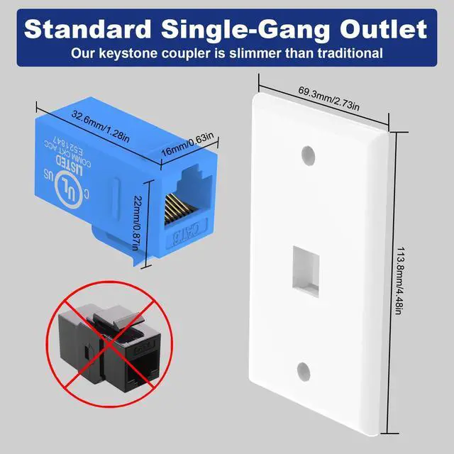Alt view image 5 of 7 - Ethernet Wall Plate (UL Listed), 1-Port Keystone Jack Wall Plate with RJ45 Keystone Inline Coupler Insert, Female to Female Cat6 Keystone Wall Jack, Blue (2 Pack)
