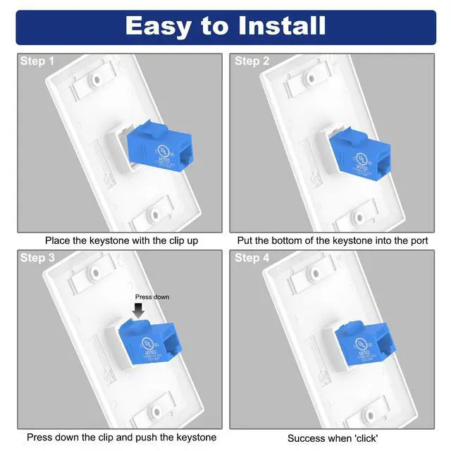 Alt view image 6 of 7 - Ethernet Wall Plate (UL Listed), 1-Port Keystone Jack Wall Plate with RJ45 Keystone Inline Coupler Insert, Female to Female Cat6 Keystone Wall Jack, Blue (2 Pack)