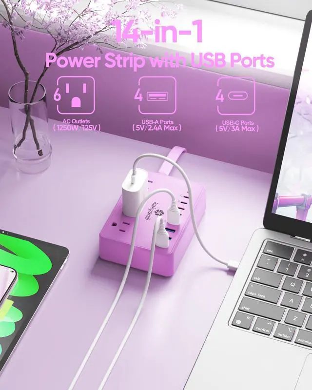 Alt view image 2 of 7 - Purple Power Strip, 6 AC Outlets 8 USB Ports(4 USB C) with 2000J Surge Protector, 5ft Flat Plug Purple Extension Cord, Compact for Desk Home, Office, Dorm