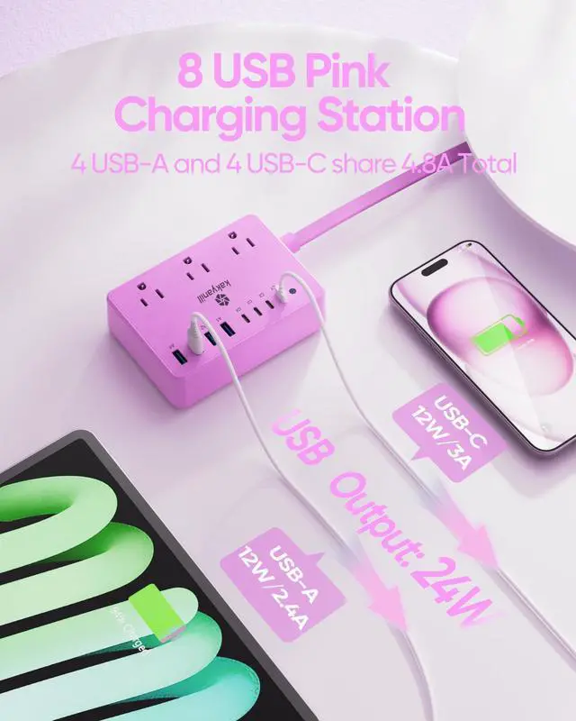 Alt view image 3 of 7 - Purple Power Strip, 6 AC Outlets 8 USB Ports(4 USB C) with 2000J Surge Protector, 5ft Flat Plug Purple Extension Cord, Compact for Desk Home, Office, Dorm