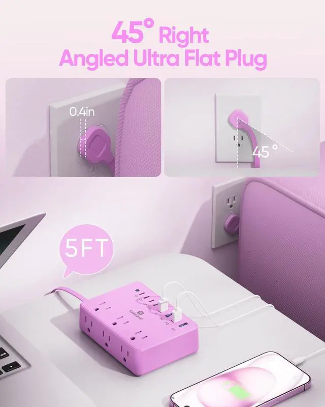 Alt view image 4 of 7 - Purple Power Strip, 6 AC Outlets 8 USB Ports(4 USB C) with 2000J Surge Protector, 5ft Flat Plug Purple Extension Cord, Compact for Desk Home, Office, Dorm