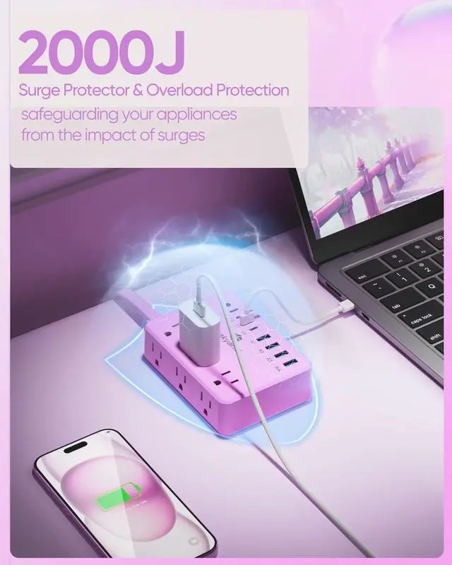 Alt view image 5 of 7 - Purple Power Strip, 6 AC Outlets 8 USB Ports(4 USB C) with 2000J Surge Protector, 5ft Flat Plug Purple Extension Cord, Compact for Desk Home, Office, Dorm