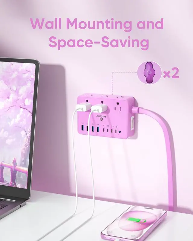 Alt view image 6 of 7 - Purple Power Strip, 6 AC Outlets 8 USB Ports(4 USB C) with 2000J Surge Protector, 5ft Flat Plug Purple Extension Cord, Compact for Desk Home, Office, Dorm