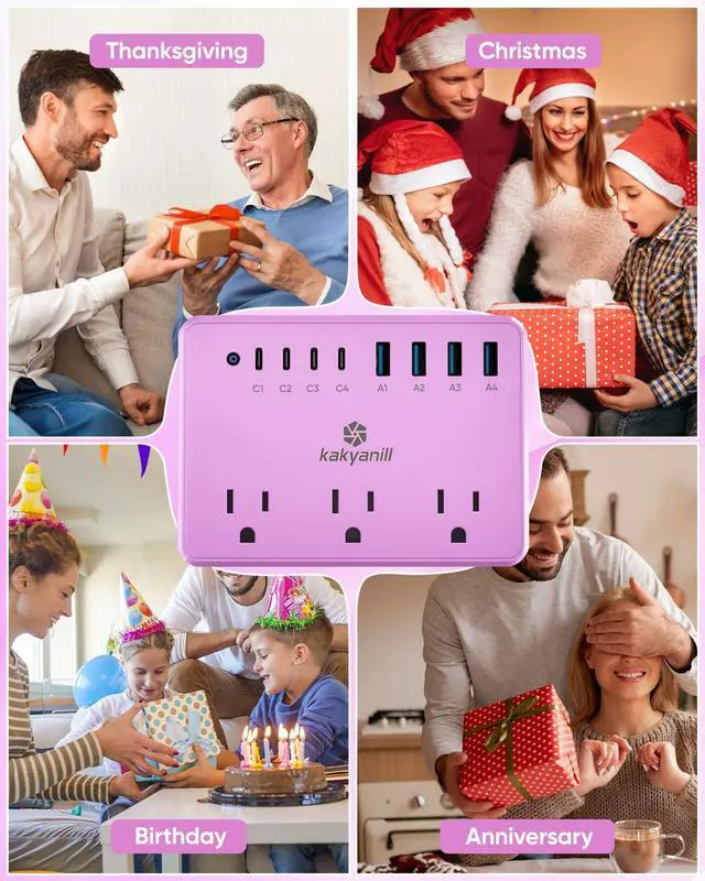 Alt view image 7 of 7 - Purple Power Strip, 6 AC Outlets 8 USB Ports(4 USB C) with 2000J Surge Protector, 5ft Flat Plug Purple Extension Cord, Compact for Desk Home, Office, Dorm