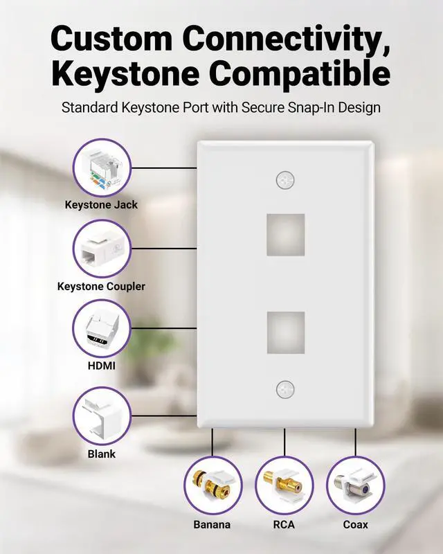 Alt view image 3 of 7 - UL Listed Keystone Wall Plate 2-Port, Low Profile Wall Plate for RJ45 Keystone Jack or Coupler and HDMI/Coax Modular Jack Inserts, White 10-Pack