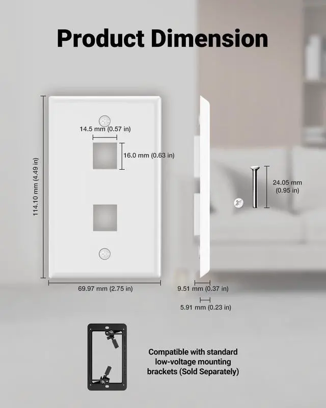 Alt view image 7 of 7 - UL Listed Keystone Wall Plate 2-Port, Low Profile Wall Plate for RJ45 Keystone Jack or Coupler and HDMI/Coax Modular Jack Inserts, White 10-Pack