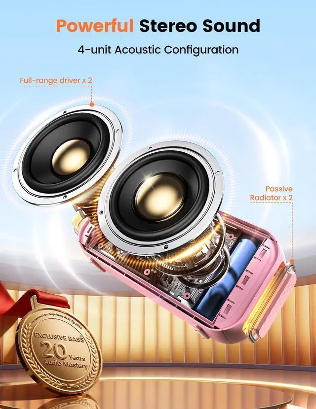 Alt view image 2 of 7 - Bluetooth Speaker Stereo 20W Loud Sound: 30H Playtime, IPX5 Water Resistant, Portable Wireless Speakers, Powerful Bass, Lightshow, Birthday Gifts for Men/Adults/Teens, Beach Vacation Essentials, Pink