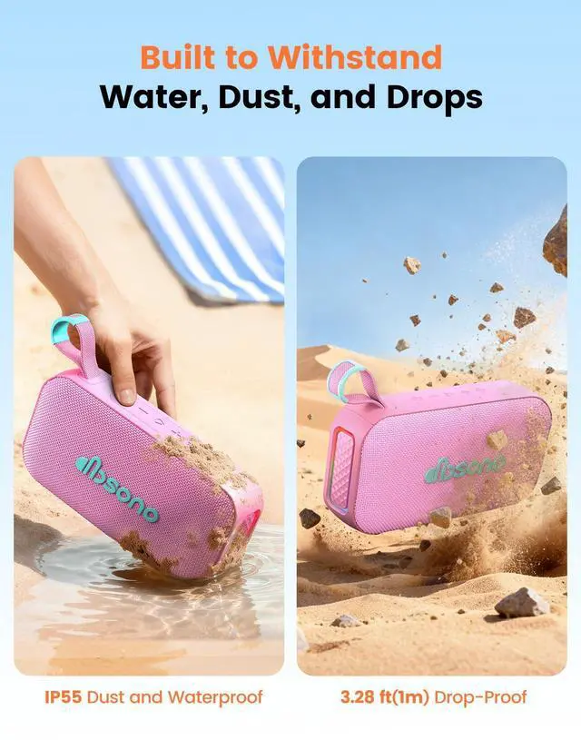 Alt view image 6 of 7 - Bluetooth Speaker Stereo 20W Loud Sound: 30H Playtime, IPX5 Water Resistant, Portable Wireless Speakers, Powerful Bass, Lightshow, Birthday Gifts for Men/Adults/Teens, Beach Vacation Essentials, Pink