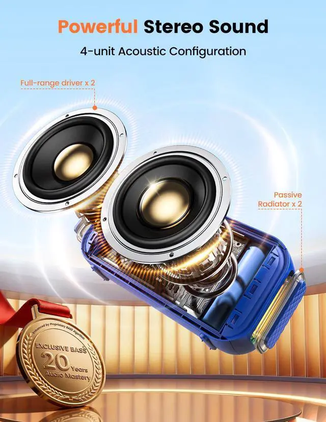 Alt view image 2 of 7 - Bluetooth Speaker Stereo 20W Loud Sound: 30H Playtime, IPX5 Water Resistant, Portable Wireless Speakers, Powerful Bass, Lightshow, Birthday Gifts for Men/Adults/Teens, Beach Vacation Essentials, Blue