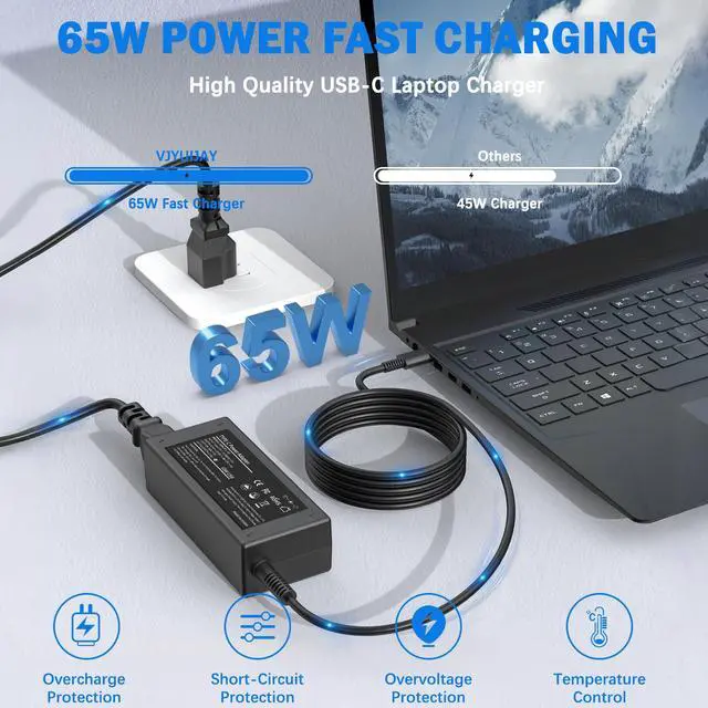 Alt view image 2 of 7 - 65W USB C Laptop Charger Compatible with HP Laptop Chromebook 65W 45W More USB Type C Power Adapter