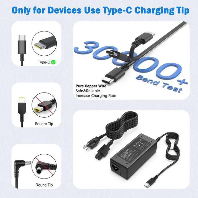 Alt view image 4 of 7 - 65W USB C Laptop Charger Compatible with HP Laptop Chromebook 65W 45W More USB Type C Power Adapter