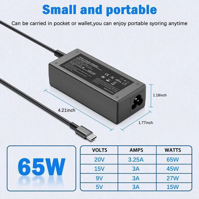Alt view image 5 of 7 - 65W USB C Laptop Charger Compatible with HP Laptop Chromebook 65W 45W More USB Type C Power Adapter