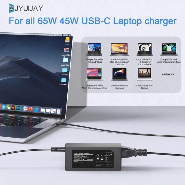 Alt view image 7 of 7 - 65W USB C Laptop Charger Compatible with HP Laptop Chromebook 65W 45W More USB Type C Power Adapter