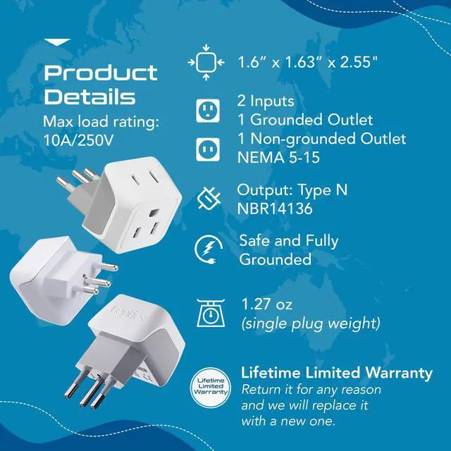 Alt view image 4 of 7 - Brazil Travel Adapter Plug with Dual Usa Input - Type N (3 Pack - Ultra Compact - Safe Grounded Perfect for Cell Phones, Laptops, Camera Chargers and More - Power Plug (CT-11C)
