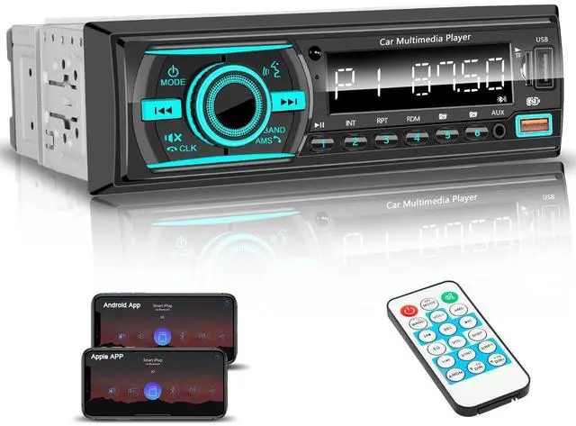 Main image of Car Stereo Bluetooth Single Din Radio, Car Audio with Push to Talk Assistant, Hands-Free Calling, FM/AUX/SD, Dual USB, 7 LED Colors, LCD & iOS/Android App Control for Cars, Boats & RVs (Black)