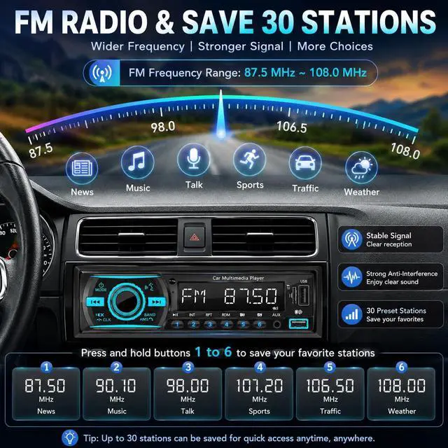 Alt view image 6 of 7 - Car Stereo Bluetooth Single Din Radio, Car Audio with Push to Talk Assistant, Hands-Free Calling, FM/AUX/SD, Dual USB, 7 LED Colors, LCD & iOS/Android App Control for Cars, Boats & RVs (Black)