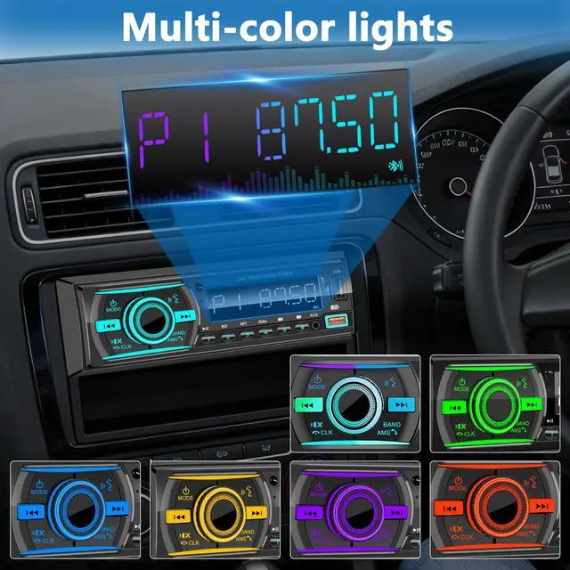 Alt view image 7 of 7 - Car Stereo Bluetooth Single Din Radio, Car Audio with Push to Talk Assistant, Hands-Free Calling, FM/AUX/SD, Dual USB, 7 LED Colors, LCD & iOS/Android App Control for Cars, Boats & RVs (Black)
