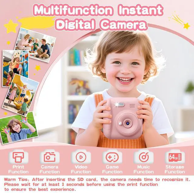 Alt view image 2 of 7 - Kids Camera Instant Print, Toddler Toys Christmas Birthday Gifts for Girls Boys, Portable Digital Camera 64GB SD Card, Kid Toy for Ages 3-12 Girl Xmas Gift for 3 4 5 6 7 8 9 10 Year Old (Pink)