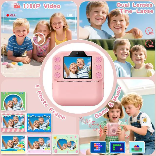 Alt view image 3 of 7 - Kids Camera Instant Print, Toddler Toys Christmas Birthday Gifts for Girls Boys, Portable Digital Camera 64GB SD Card, Kid Toy for Ages 3-12 Girl Xmas Gift for 3 4 5 6 7 8 9 10 Year Old (Pink)