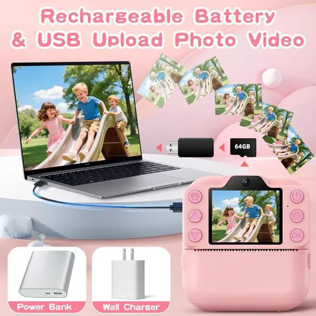 Alt view image 6 of 7 - Kids Camera Instant Print, Toddler Toys Christmas Birthday Gifts for Girls Boys, Portable Digital Camera 64GB SD Card, Kid Toy for Ages 3-12 Girl Xmas Gift for 3 4 5 6 7 8 9 10 Year Old (Pink)