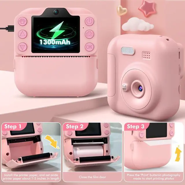 Alt view image 7 of 7 - Kids Camera Instant Print, Toddler Toys Christmas Birthday Gifts for Girls Boys, Portable Digital Camera 64GB SD Card, Kid Toy for Ages 3-12 Girl Xmas Gift for 3 4 5 6 7 8 9 10 Year Old (Pink)