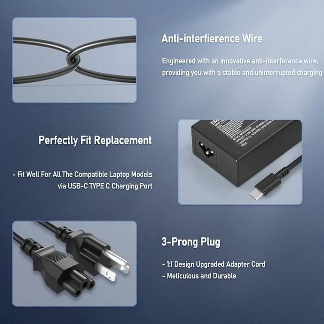 Alt view image 6 of 7 - Fast Charger for 65W USB-C Chromebook Compatible with for ASUS Lenovo Acer HP Dell, Compatible with SM65CL/SM45CL/SK90A200225/SK90200325 & More USB-C Laptops