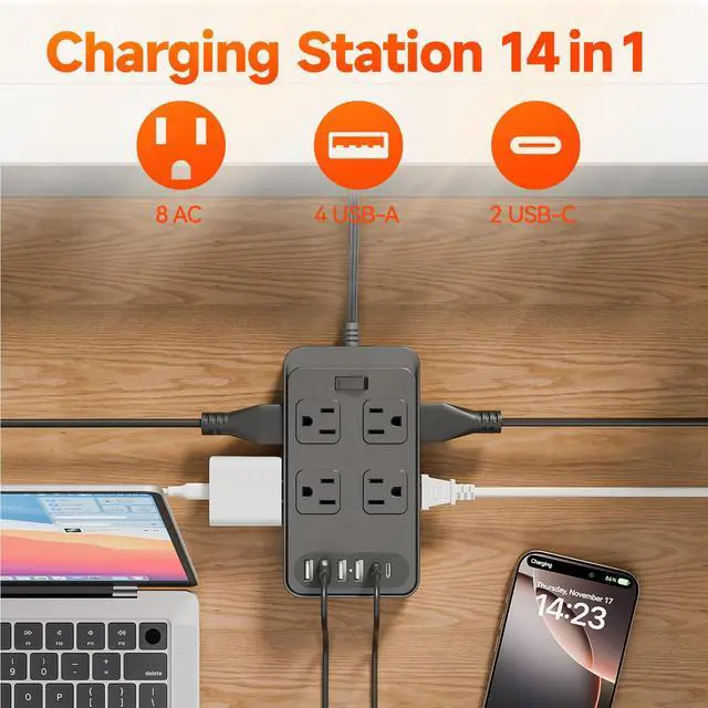 Alt view image 2 of 7 - Short Extension Cord 0.3ft Power Strip-8 AC & 6 USB Ports(2 USB C), Multi Plug Outlet Extender, Non-Surge Protection for Cruise Travel Home Office Dorm Hotel