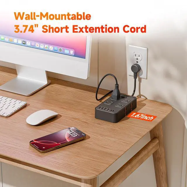 Alt view image 3 of 7 - Short Extension Cord 0.3ft Power Strip-8 AC & 6 USB Ports(2 USB C), Multi Plug Outlet Extender, Non-Surge Protection for Cruise Travel Home Office Dorm Hotel