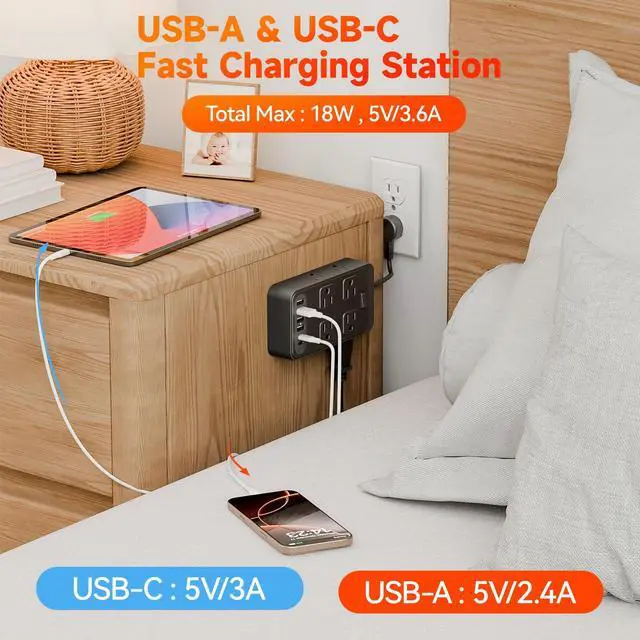 Alt view image 4 of 7 - Short Extension Cord 0.3ft Power Strip-8 AC & 6 USB Ports(2 USB C), Multi Plug Outlet Extender, Non-Surge Protection for Cruise Travel Home Office Dorm Hotel