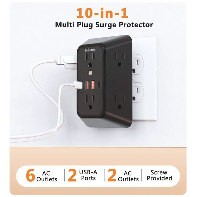 Alt view image 2 of 7 - USB Wall Charger Power Strip Surge Protector with 4 USB Ports (2 USB C) Plug Extension Multiple Outlets Plug Extension in Adapter Spaced Outlets for Home Office Travel,White (Black)-ETL