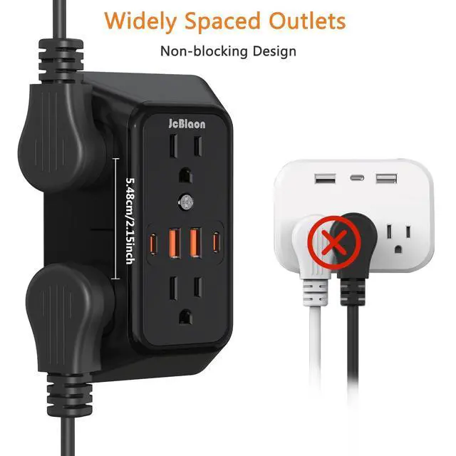 Alt view image 5 of 7 - USB Wall Charger Power Strip Surge Protector with 4 USB Ports (2 USB C) Plug Extension Multiple Outlets Plug Extension in Adapter Spaced Outlets for Home Office Travel,White (Black)-ETL