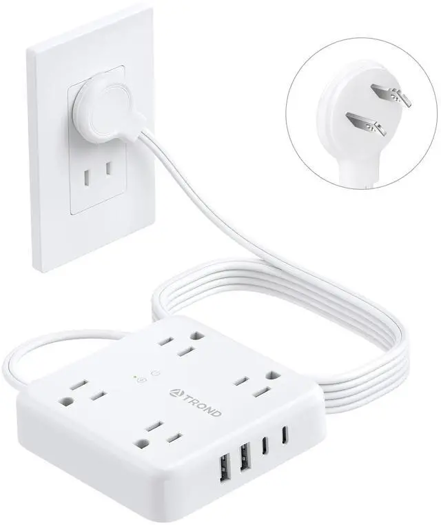 Main image of 2 Prong Power Strip 5ft, 2 Prong to 3 Prong Outlet Adapter, Polarized Flat Plug, 4 AC 4 USB, Wall Mountable Surge Protector Outlet for Non-Ground Socket in Old House School Office, White