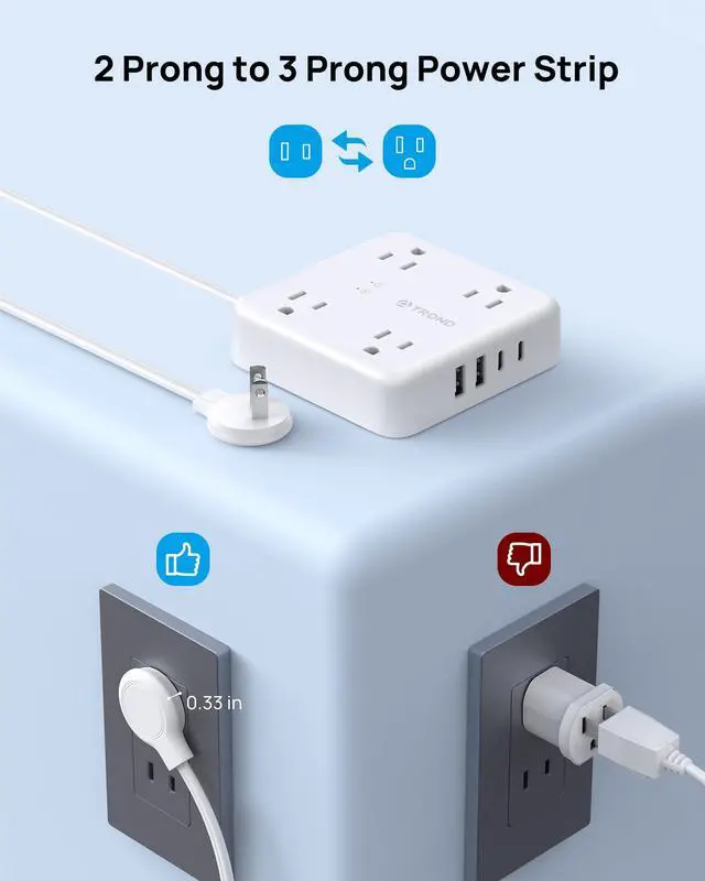 Alt view image 2 of 7 - 2 Prong Power Strip 5ft, 2 Prong to 3 Prong Outlet Adapter, Polarized Flat Plug, 4 AC 4 USB, Wall Mountable Surge Protector Outlet for Non-Ground Socket in Old House School Office, White