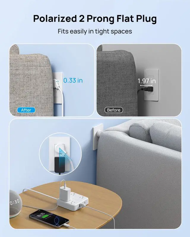 Alt view image 4 of 7 - 2 Prong Power Strip 5ft, 2 Prong to 3 Prong Outlet Adapter, Polarized Flat Plug, 4 AC 4 USB, Wall Mountable Surge Protector Outlet for Non-Ground Socket in Old House School Office, White