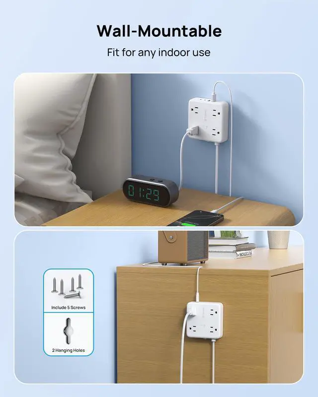Alt view image 5 of 7 - 2 Prong Power Strip 5ft, 2 Prong to 3 Prong Outlet Adapter, Polarized Flat Plug, 4 AC 4 USB, Wall Mountable Surge Protector Outlet for Non-Ground Socket in Old House School Office, White