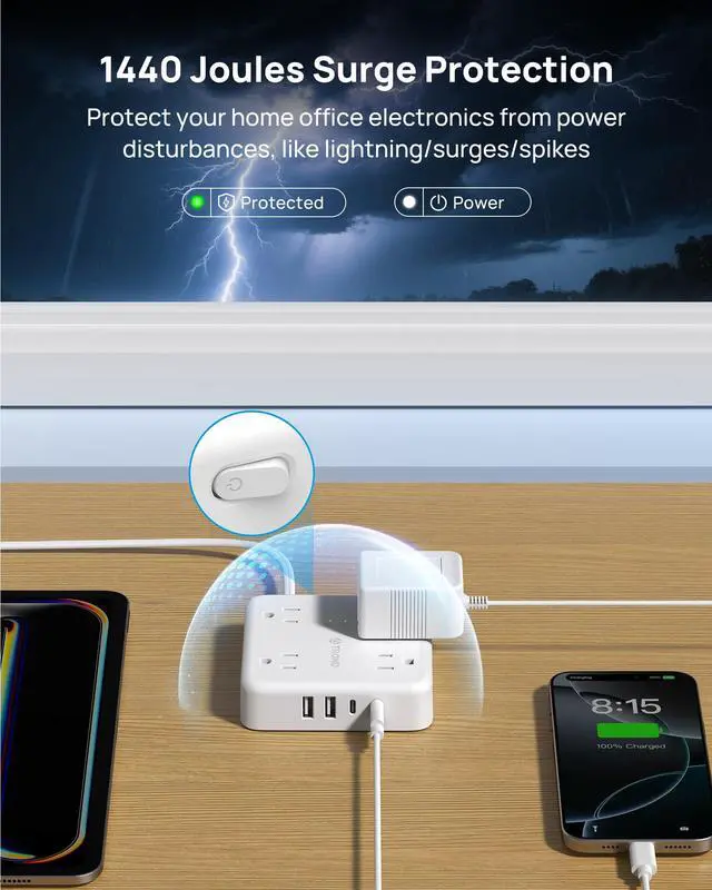 Alt view image 6 of 7 - 2 Prong Power Strip 5ft, 2 Prong to 3 Prong Outlet Adapter, Polarized Flat Plug, 4 AC 4 USB, Wall Mountable Surge Protector Outlet for Non-Ground Socket in Old House School Office, White