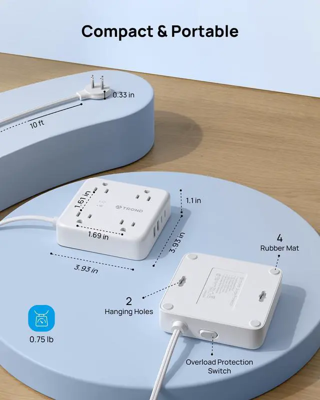 Alt view image 7 of 7 - 2 Prong Power Strip 5ft, 2 Prong to 3 Prong Outlet Adapter, Polarized Flat Plug, 4 AC 4 USB, Wall Mountable Surge Protector Outlet for Non-Ground Socket in Old House School Office, White