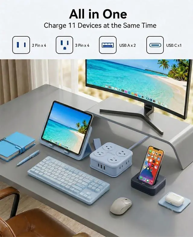 Alt view image 2 of 7 - 5 Ft Extension Cord with 3 USB Ports, Power Strip for Desktop, 4 Side Outlet Extender(8 AC) & Flat Plug, 11 in 1 Charging Station for Home/Office/Dorm - AP3 PRO
