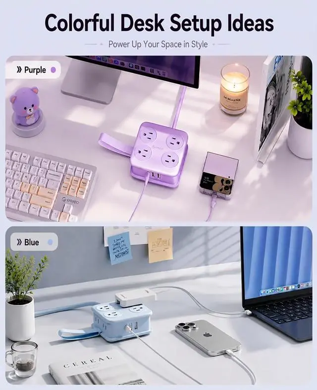 Alt view image 5 of 7 - 5 Ft Extension Cord with 3 USB Ports, Power Strip for Desktop, 4 Side Outlet Extender(8 AC) & Flat Plug, 11 in 1 Charging Station for Home/Office/Dorm - AP3 PRO