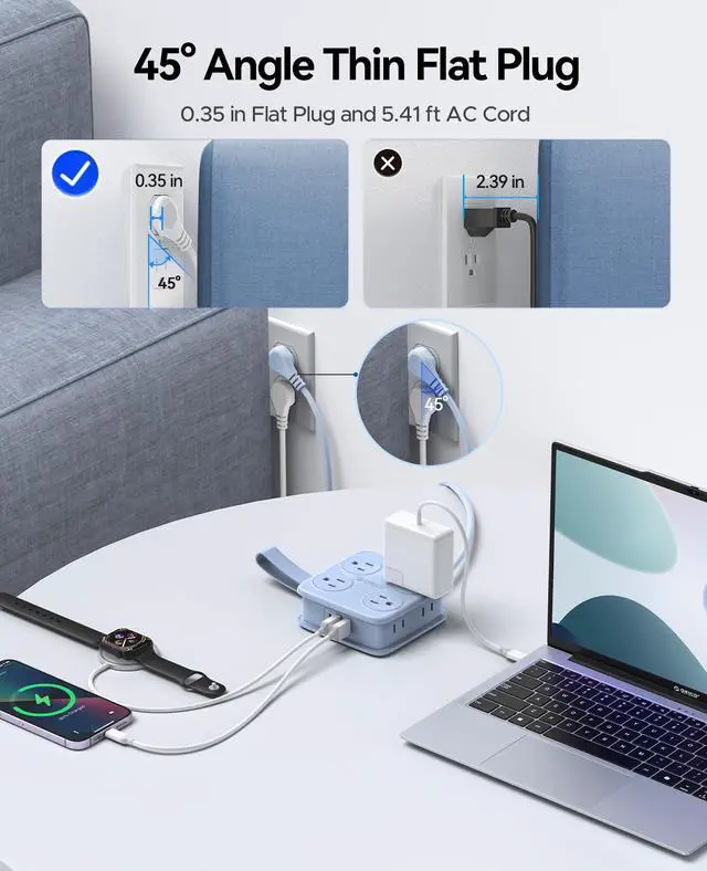 Alt view image 7 of 7 - 5 Ft Extension Cord with 3 USB Ports, Power Strip for Desktop, 4 Side Outlet Extender(8 AC) & Flat Plug, 11 in 1 Charging Station for Home/Office/Dorm - AP3 PRO