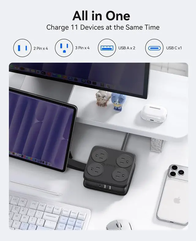 Alt view image 2 of 7 - 5 Ft Extension Cord with 3 USB Ports, Power Strip for Desktop, 4 Side Outlet Extender(8 AC) & Flat Plug, 11 in 1 Charging Station for Home/Office/Dorm -AP3 PRO